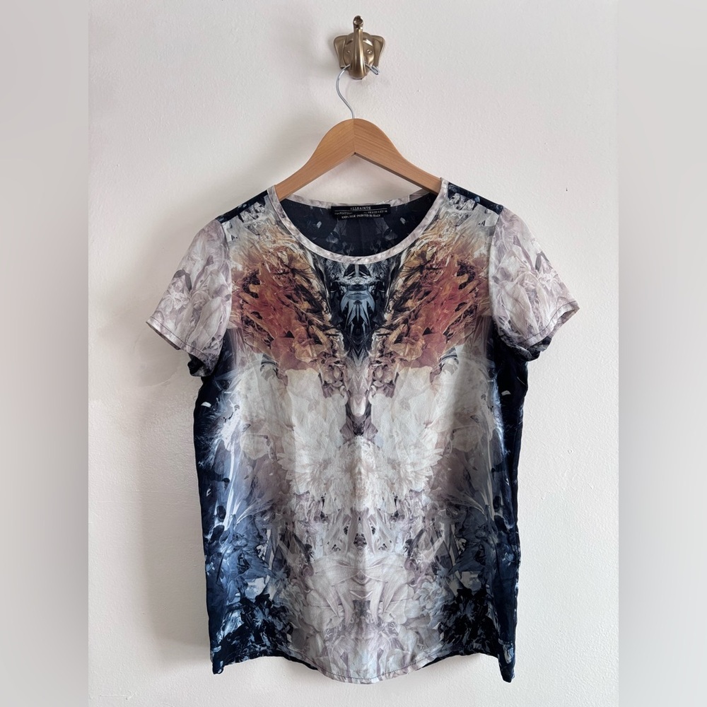 AllSaints Women's‎ Wither 100% Silk Mirror T-shirt- Black, Cream, Brown